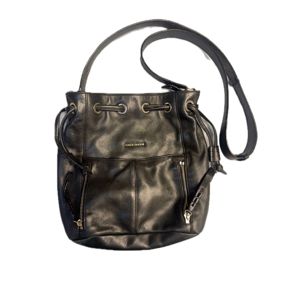 COLE HAAN Leather Drawstring Bucket Bag Crossbody Shoulder Bag Purse‎